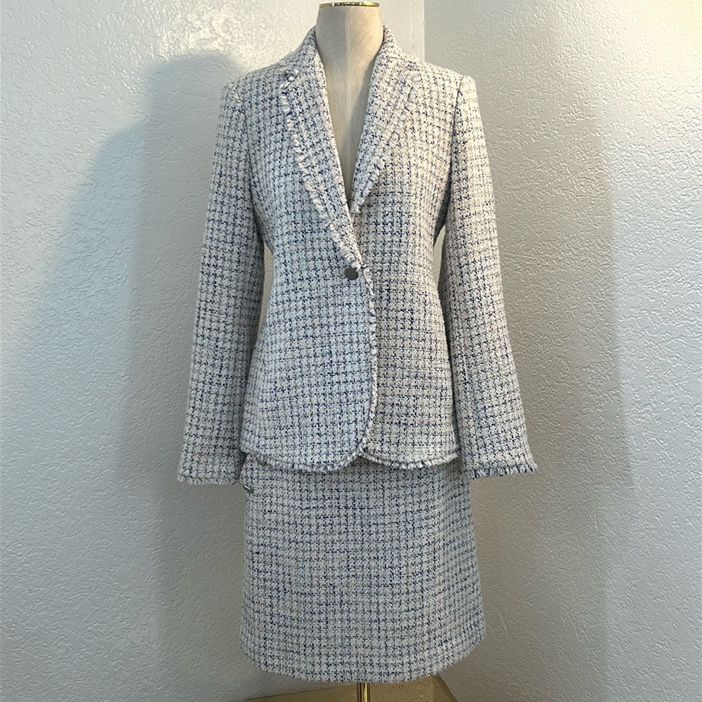 Elie Tahari- Tweed: One Button Blazer and Buttons on the waist Skirt.